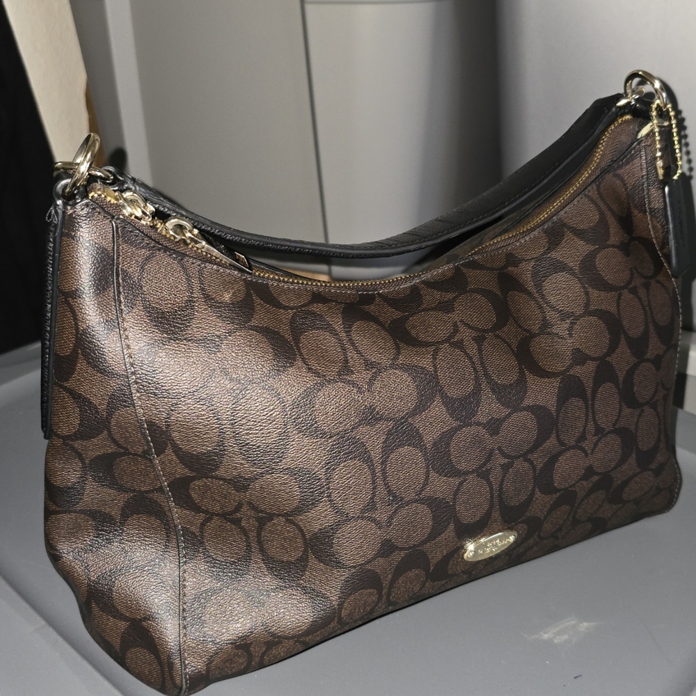 Coach Brown Hobo Shoulder Bag with Monogram Pattern